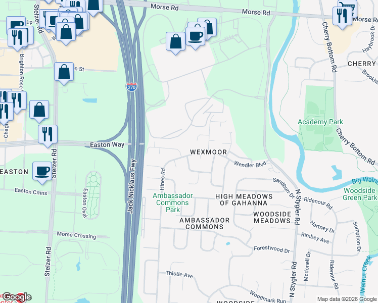 map of restaurants, bars, coffee shops, grocery stores, and more near 3566 Malabar Street in Columbus