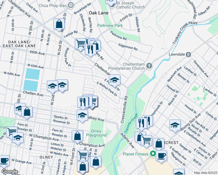 map of restaurants, bars, coffee shops, grocery stores, and more near 227 East Walnut Park Drive in Philadelphia