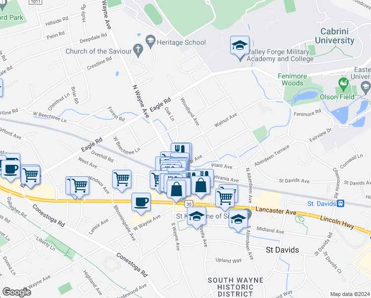 map of restaurants, bars, coffee shops, grocery stores, and more near 114 Walnut Avenue in Wayne