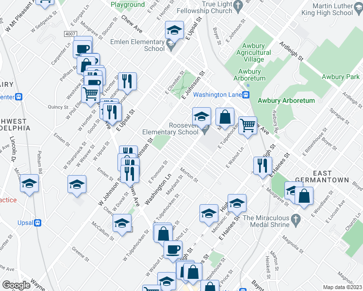 map of restaurants, bars, coffee shops, grocery stores, and more near 6316 Magnolia Street in Philadelphia