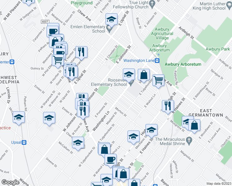 map of restaurants, bars, coffee shops, grocery stores, and more near 6261 Gardenia Street in Philadelphia