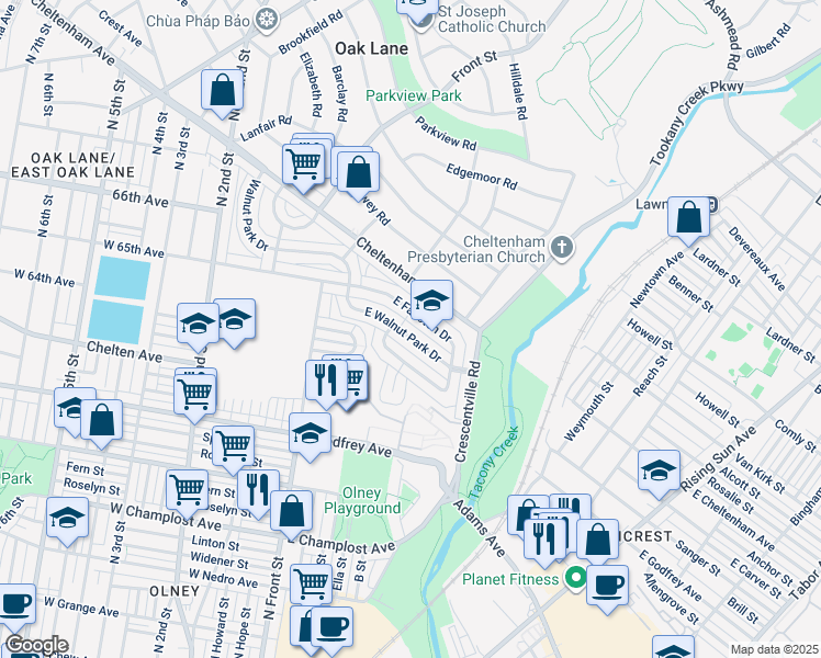 map of restaurants, bars, coffee shops, grocery stores, and more near 227 East Walnut Park Drive in Philadelphia