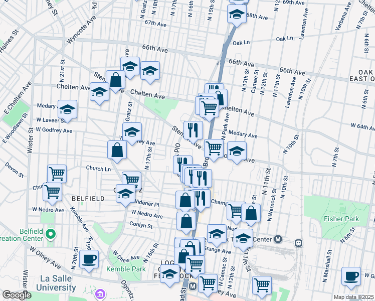 map of restaurants, bars, coffee shops, grocery stores, and more near 6151 1/2 Old York Road in Philadelphia