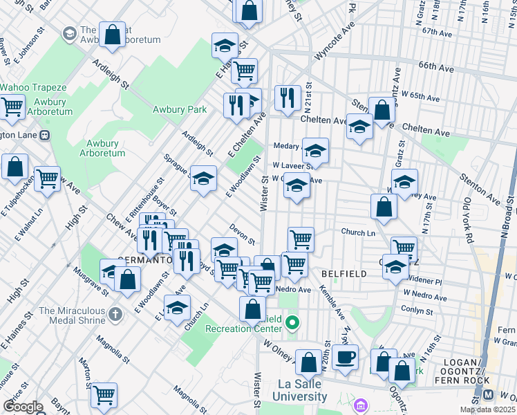 map of restaurants, bars, coffee shops, grocery stores, and more near 5506 Matthews Street in Philadelphia
