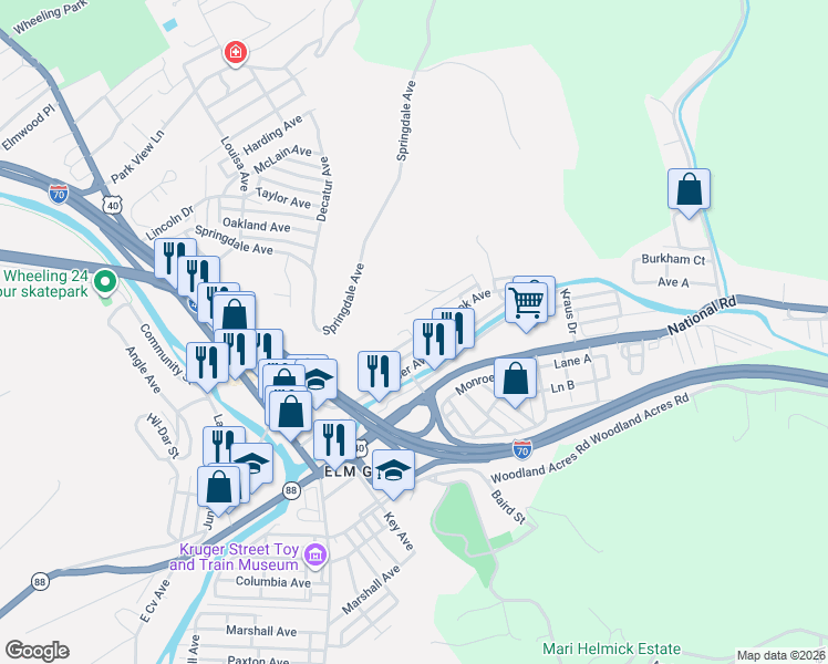 map of restaurants, bars, coffee shops, grocery stores, and more near Ln A in Wheeling