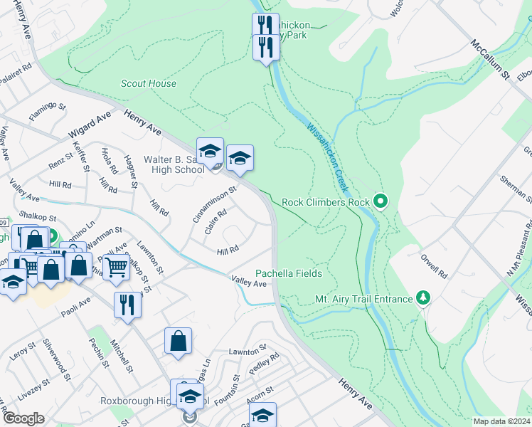 map of restaurants, bars, coffee shops, grocery stores, and more near 7012 Henry Avenue in Philadelphia