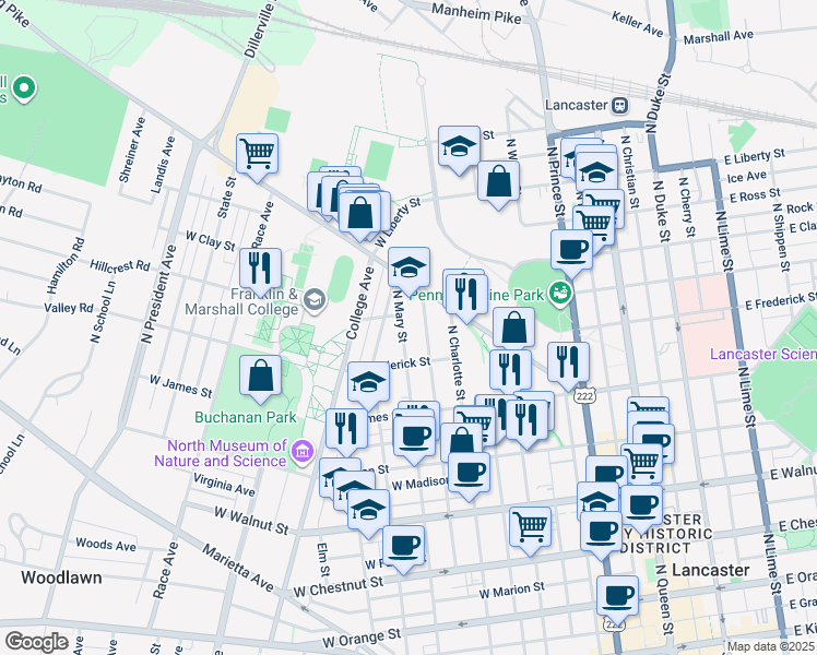 map of restaurants, bars, coffee shops, grocery stores, and more near 641 North Mary Street in Lancaster