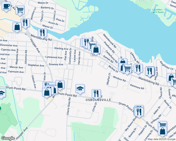map of restaurants, bars, coffee shops, grocery stores, and more near 459 Driver Avenue in Brick