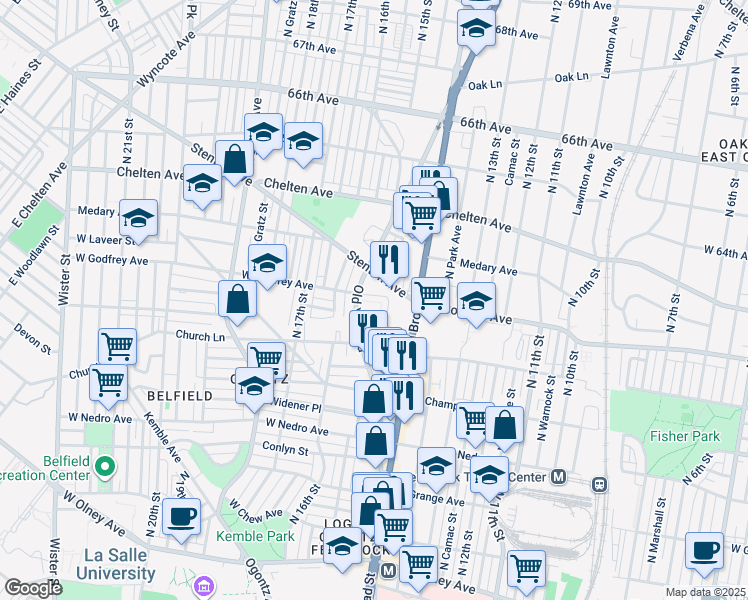 map of restaurants, bars, coffee shops, grocery stores, and more near 6153 1/2 Old York Road in Philadelphia