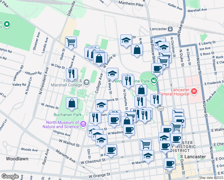 map of restaurants, bars, coffee shops, grocery stores, and more near 641 North Mary Street in Lancaster