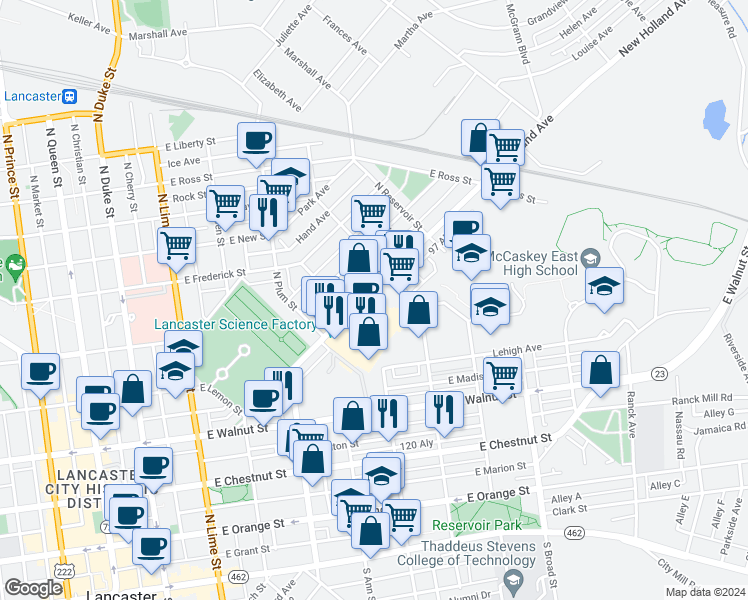 map of restaurants, bars, coffee shops, grocery stores, and more near 480 New Holland Avenue in Lancaster