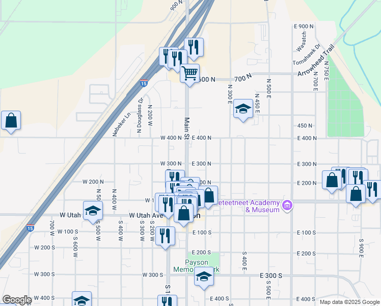 map of restaurants, bars, coffee shops, grocery stores, and more near 340 North Main Street in Payson