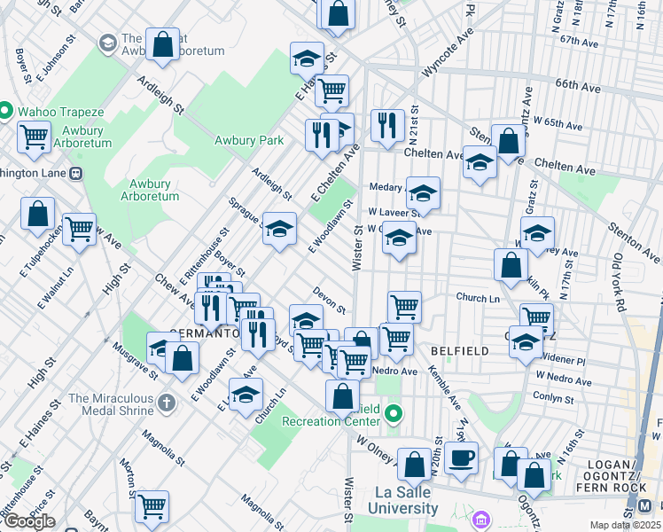 map of restaurants, bars, coffee shops, grocery stores, and more near 5542 Blakemore Street in Philadelphia