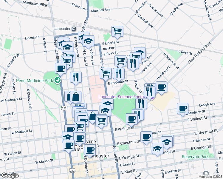 map of restaurants, bars, coffee shops, grocery stores, and more near 542 North Jefferson Street in Lancaster
