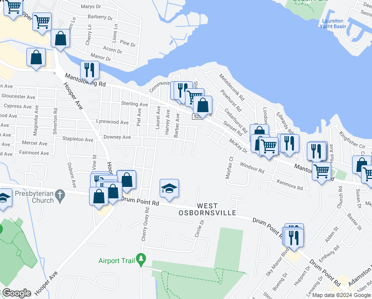 map of restaurants, bars, coffee shops, grocery stores, and more near 459 Driver Avenue in Brick