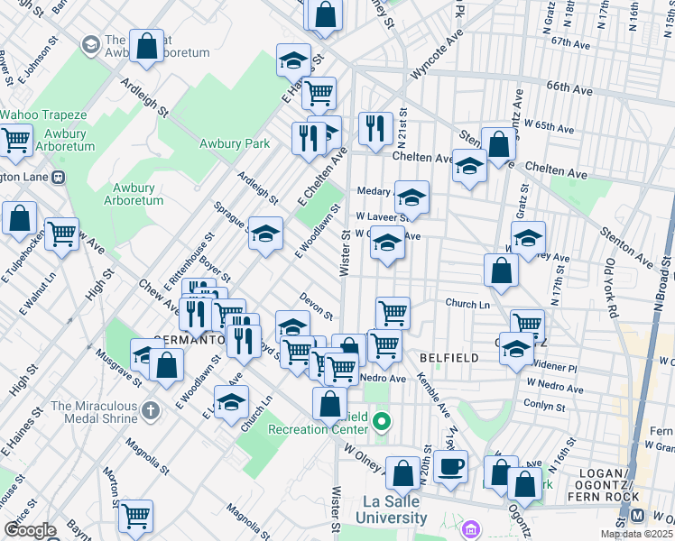 map of restaurants, bars, coffee shops, grocery stores, and more near 5506 Matthews Street in Philadelphia