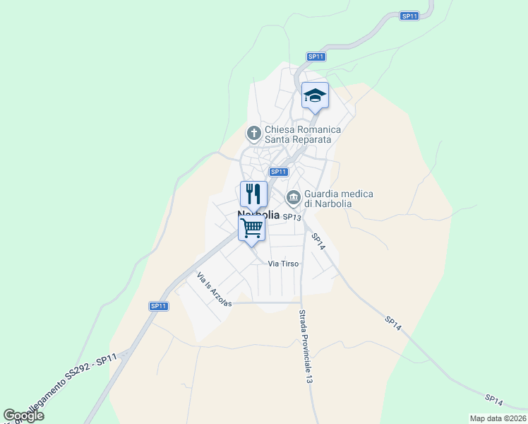 map of restaurants, bars, coffee shops, grocery stores, and more near 1 Via Montezebio in Narbolia