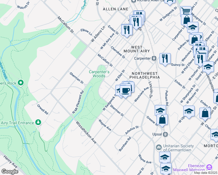 map of restaurants, bars, coffee shops, grocery stores, and more near 7024 Greene Street in Philadelphia