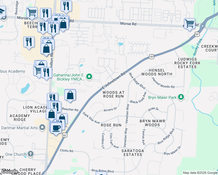 map of restaurants, bars, coffee shops, grocery stores, and more near 656 Rose Way in Columbus