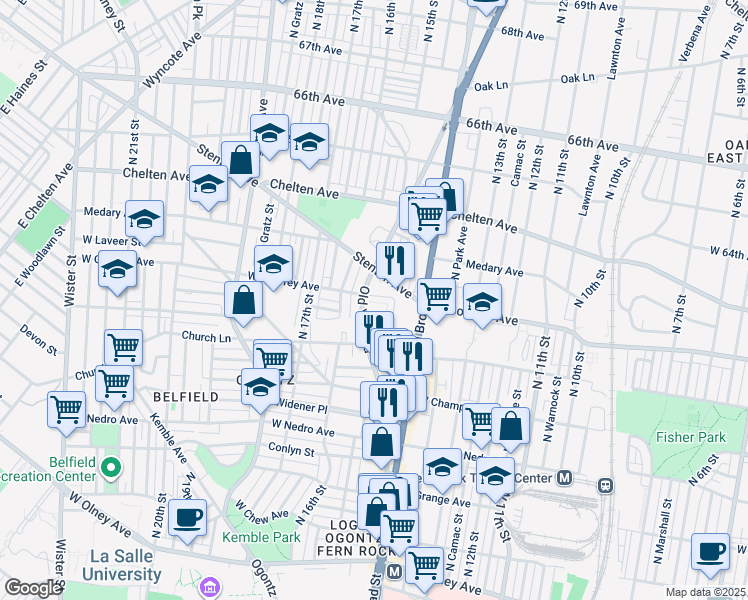 map of restaurants, bars, coffee shops, grocery stores, and more near 6157 Old York Road in Philadelphia