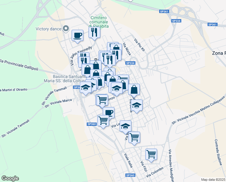 map of restaurants, bars, coffee shops, grocery stores, and more near 19 Via Francesco Ferruccio in Parabita