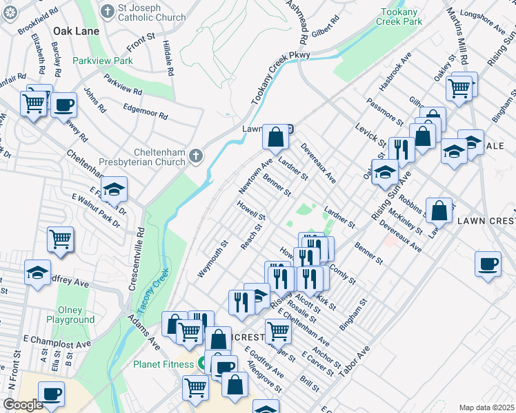 map of restaurants, bars, coffee shops, grocery stores, and more near 244 East Comly Street in Philadelphia