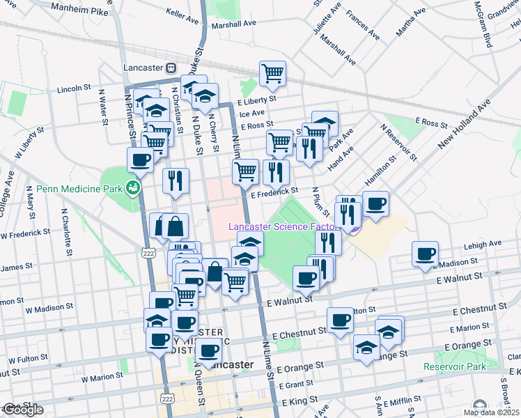map of restaurants, bars, coffee shops, grocery stores, and more near 542 North Jefferson Street in Lancaster