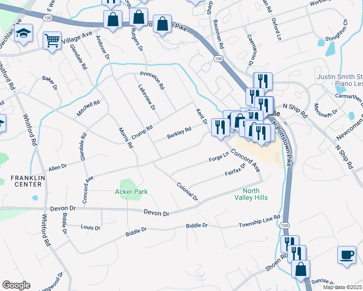 map of restaurants, bars, coffee shops, grocery stores, and more near 411 Concord Avenue in Exton