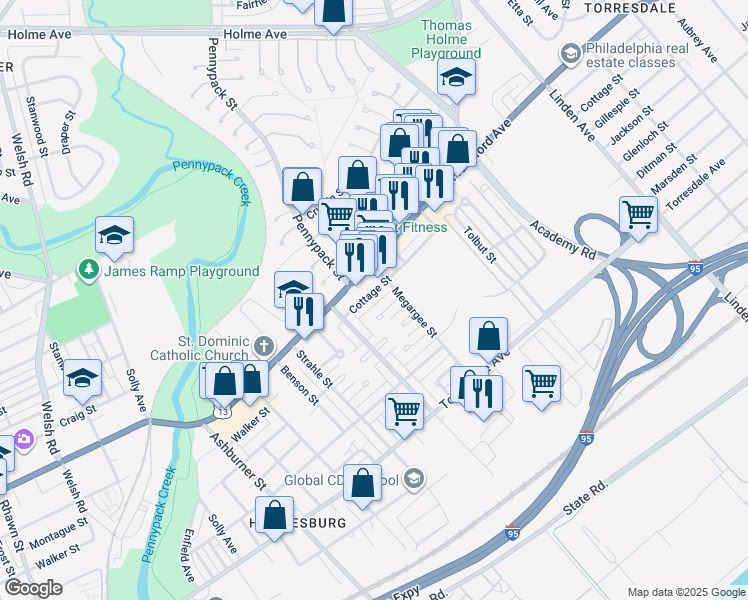 map of restaurants, bars, coffee shops, grocery stores, and more near 8743 Cottage Street in Philadelphia