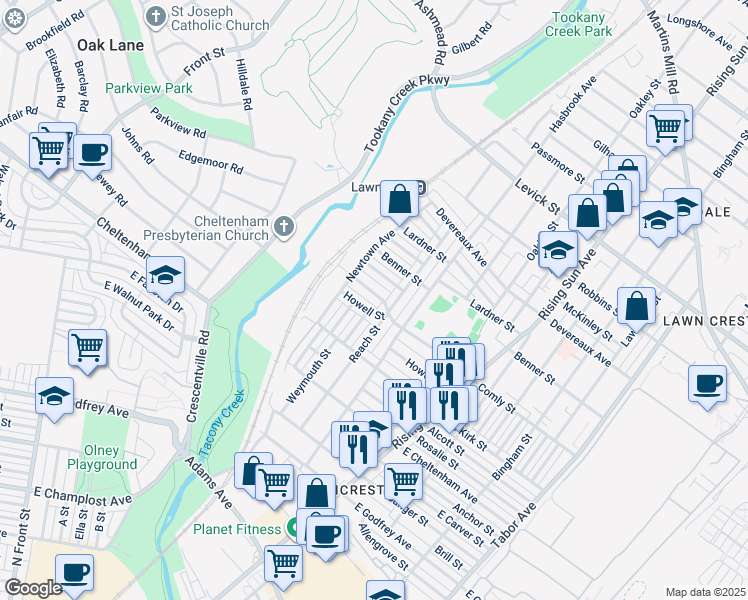 map of restaurants, bars, coffee shops, grocery stores, and more near 244 East Comly Street in Philadelphia