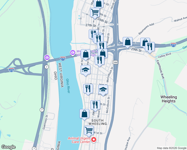 map of restaurants, bars, coffee shops, grocery stores, and more near 3530 Eoff Street in Wheeling