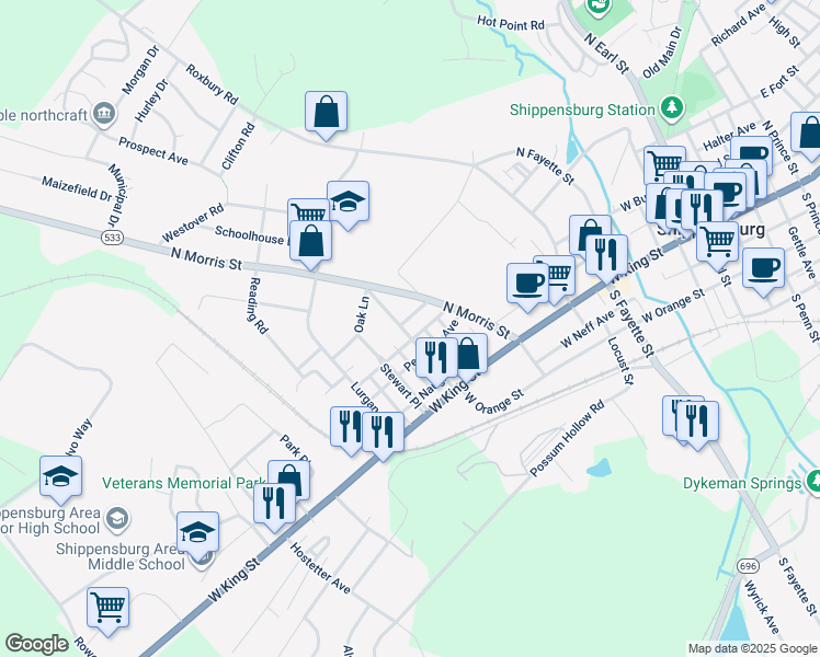 map of restaurants, bars, coffee shops, grocery stores, and more near 105 Cumberland Avenue in Shippensburg