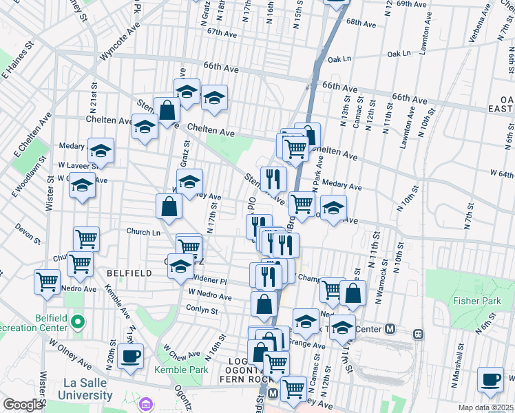 map of restaurants, bars, coffee shops, grocery stores, and more near 6157 1/2 Old York Road in Philadelphia