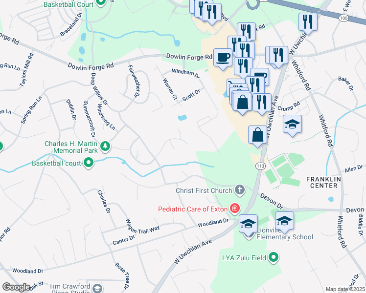 map of restaurants, bars, coffee shops, grocery stores, and more near 218 Candalwood Lane in Exton