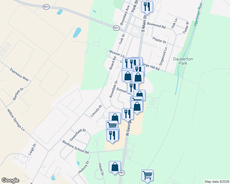 map of restaurants, bars, coffee shops, grocery stores, and more near 125 Rosedale Drive in Manchester