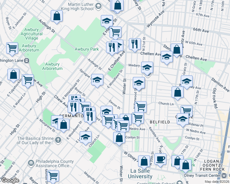 map of restaurants, bars, coffee shops, grocery stores, and more near 5523 Sprague Street in Philadelphia