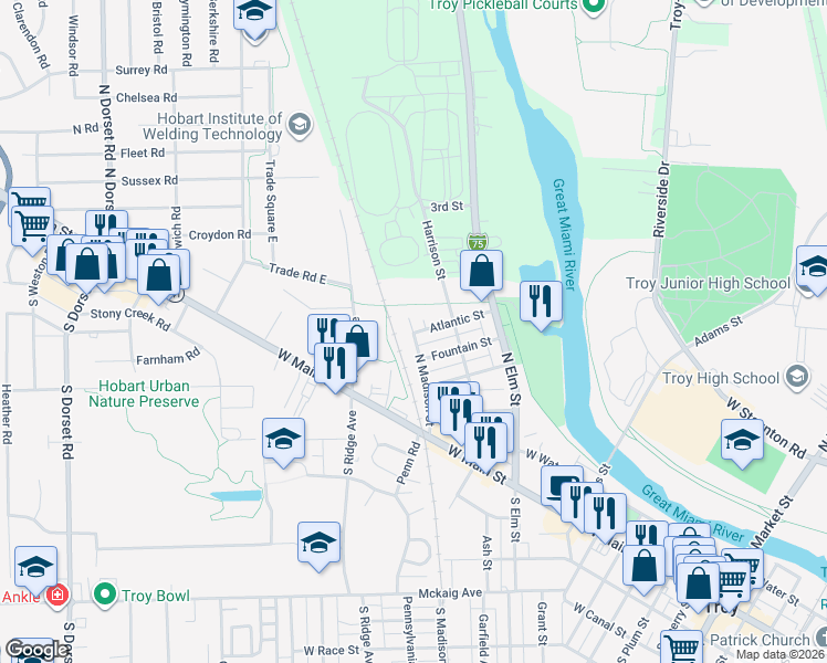 map of restaurants, bars, coffee shops, grocery stores, and more near 450 North Madison Street in Troy