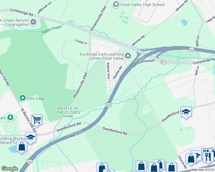 map of restaurants, bars, coffee shops, grocery stores, and more near 126 Kelmar Avenue in Malvern