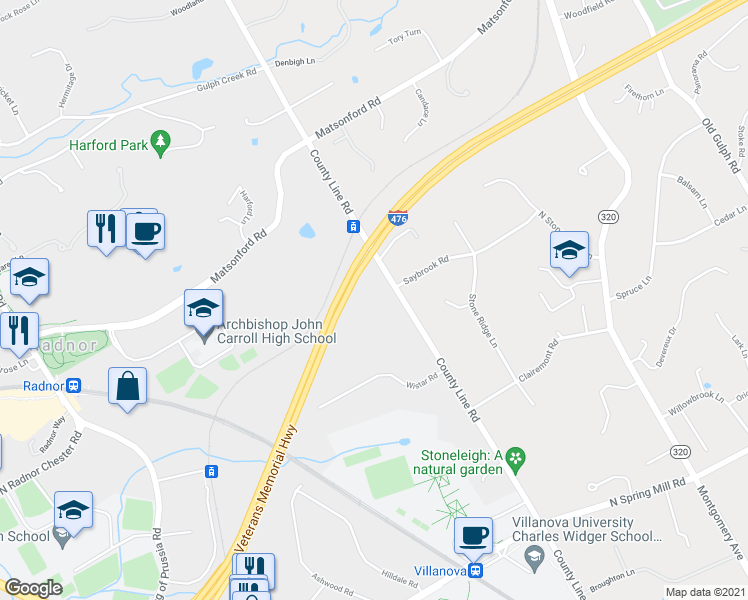 map of restaurants, bars, coffee shops, grocery stores, and more near 711 County Line Road in Villanova