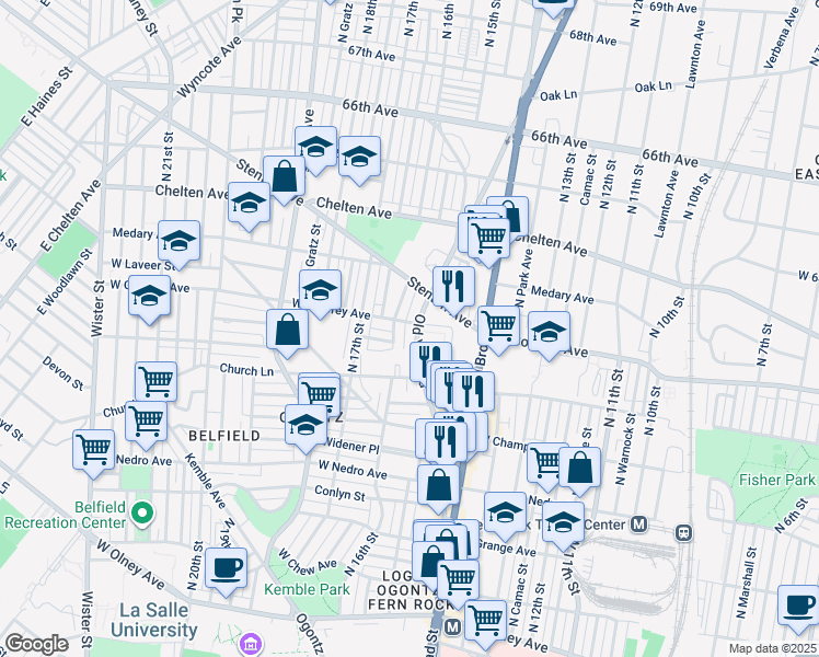 map of restaurants, bars, coffee shops, grocery stores, and more near 6160 Old York Road in Philadelphia