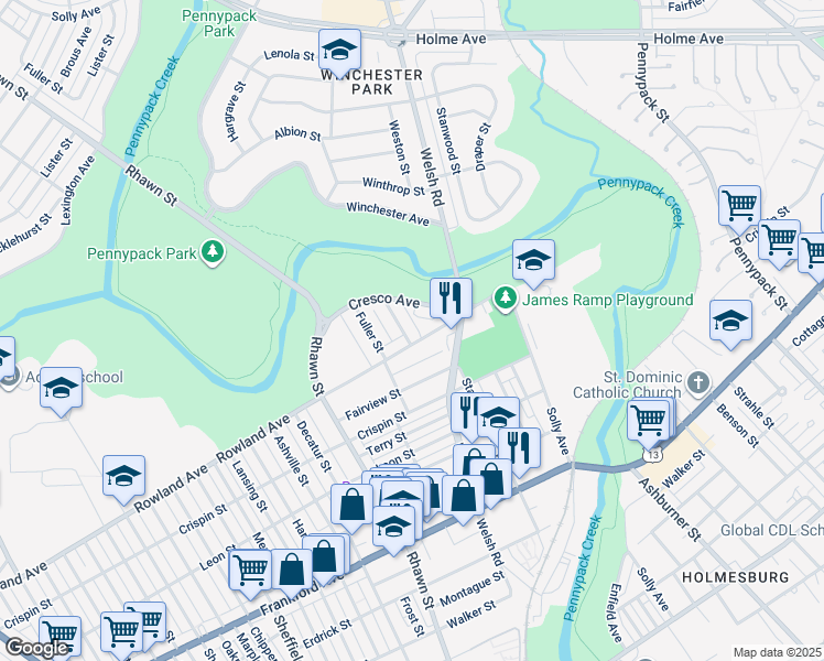 map of restaurants, bars, coffee shops, grocery stores, and more near 3235 Stanwood Street in Philadelphia