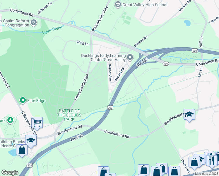 map of restaurants, bars, coffee shops, grocery stores, and more near 126 Kelmar Avenue in Malvern