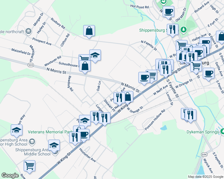 map of restaurants, bars, coffee shops, grocery stores, and more near 105 Cumberland Avenue in Shippensburg