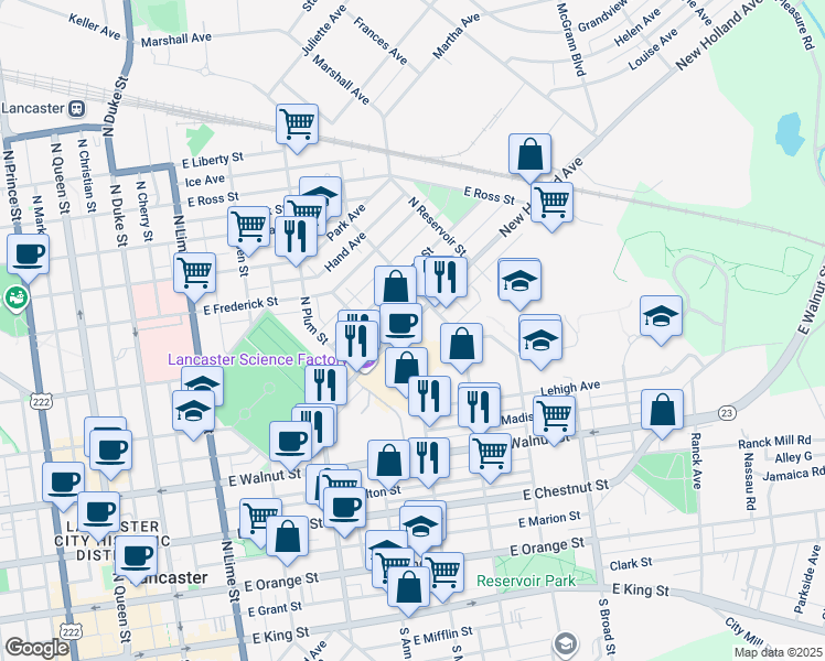 map of restaurants, bars, coffee shops, grocery stores, and more near 480 New Holland Avenue in Lancaster