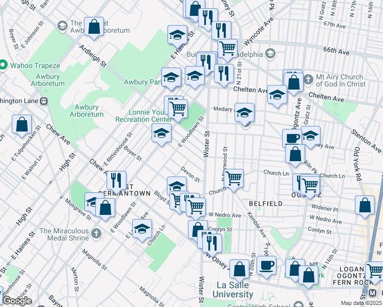 map of restaurants, bars, coffee shops, grocery stores, and more near 5542 Blakemore Street in Philadelphia