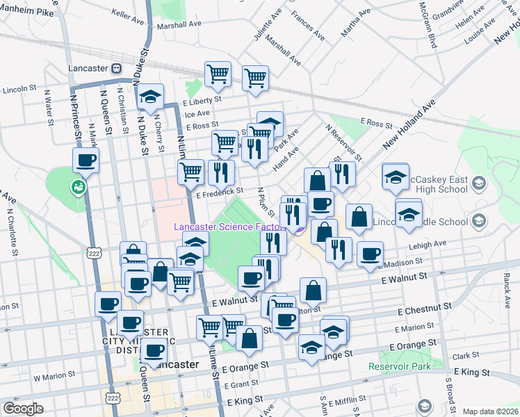 map of restaurants, bars, coffee shops, grocery stores, and more near 558 North Plum Street in Lancaster