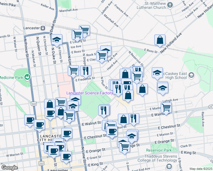 map of restaurants, bars, coffee shops, grocery stores, and more near 559 North Plum Street in Lancaster