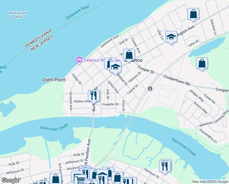 map of restaurants, bars, coffee shops, grocery stores, and more near 423 Poplar Street in Delanco