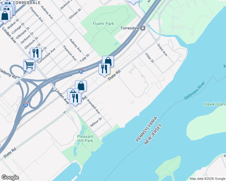 map of restaurants, bars, coffee shops, grocery stores, and more near 53301 Delaire Landing Road in Philadelphia