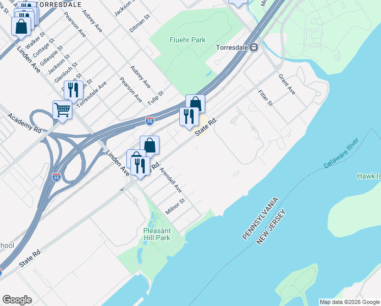 map of restaurants, bars, coffee shops, grocery stores, and more near 53301 Delaire Landing Road in Philadelphia